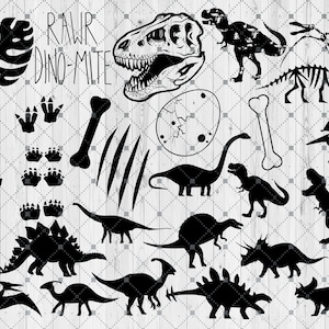Dinosaur SVG, Cut Files for Cricut, SIlhouette, Dino Egg, Foot Prints, Dinosaurs Bones Skeleton Skull Clipart, Distressed, T-Rex
