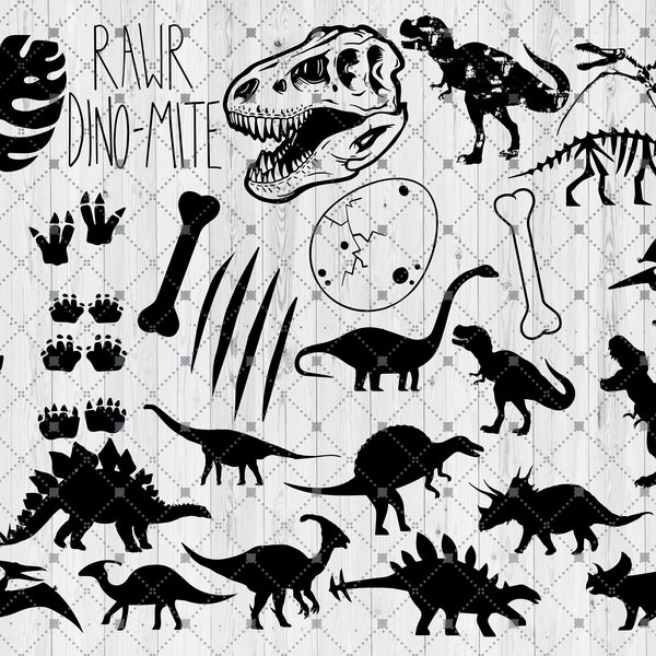 Dinosaur SVG, Cut Files for Cricut, SIlhouette, Dino Egg, Foot Prints, Dinosaurs Bones Skeleton Skull Clipart, Distressed, T-Rex