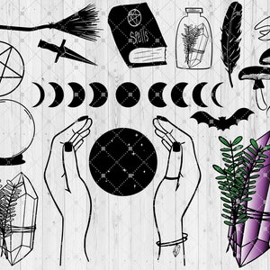 Bruja SVG Paquete Descarga digital Archivos de corte para Cricut, Fases de la luna de silueta, Bola de cristal, Psíquico, Pentagrama, Cristales, Wiccan, Pagan