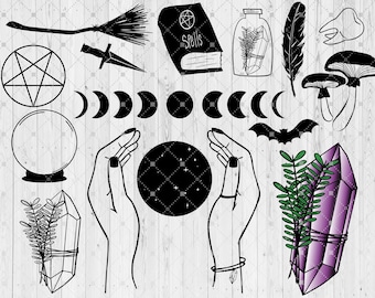 Witch SVG Bundle Digital Download Cut Files For Cricut, Silhouette Moon Phases, Crystal Ball, Psychic, Pentagram, Crystals, Wiccan, Pagan