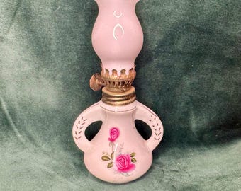 Vintage Miniature Pink Floral Oil Lamp, 5” Hand Painted Rose Ceramic Lamp With Milk Glass Shade, Small Decorative Hurricane Lamp