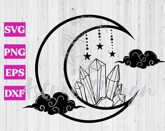 Crescent Moon, Crystals & Clouds SVG Cut Files for Cricut, Witch Witchy Clipart, Pagan, Moon, Stars, Moon Phase, Boho, Hippie Images