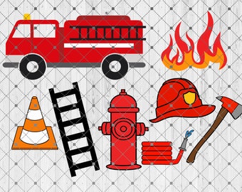 Firetruck Fireman SVG Bundle Digital Cut Files for Cricut Silhouette, Fire, Helmet, Hose, Ax, Hydrant, Ladder, Clipart, Vector Images