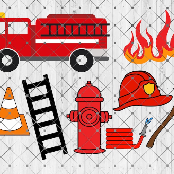 Feuerwehrauto Feuerwehr SVG Bundle Digital geschnittene Dateien für Cricut Silhouette, Feuer, Helm, Schlauch, Axt, Hydrant, Leiter, Clipart, Vektor-Bilder