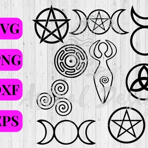 May include: A set of 10 black and white vector illustrations of various pagan symbols, including a pentagram, a triple moon, a triquetra, and a spiral. The symbols are perfect for use in crafting, scrapbooking, or digital design.