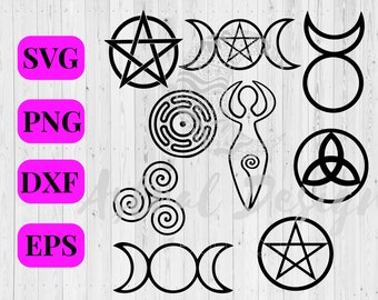 Wicca Symbols SVG Cut Files for Cricut, Witch Wiccan Pagan, Triple Moon, Horned, Triple Spiral, Hectate&#39;s Cricle Wheel, Pentagram