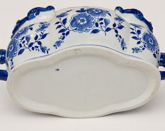 Duży, niebiesko-biały wazon na kwiaty 17” | Owalna ceramiczna doniczka z uchwytami | Miska do kąpieli stóp w stylu Chinoiserie Cottage