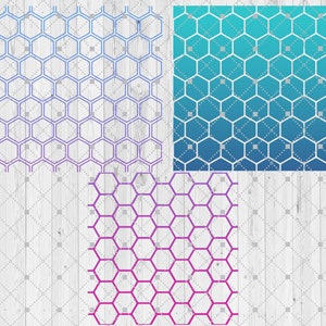 May include: Three digital paper patterns featuring a honeycomb design. The patterns are in shades of blue, teal, and pink.
