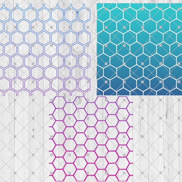 Paquete SVG de patrón de panal, archivos de corte para Cricut Silhouette, 3 patrones diferentes, abeja, abejorros, hexágono, imágenes prediseñadas geométricas, PNG