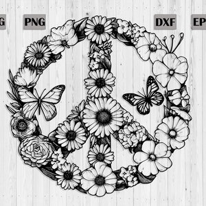 Signo de la paz con flores y mariposas SVG, PNG, imágenes prediseñadas florales, archivos cortados para Cricut, grabado, página para colorear imprimible, Boho, Hippie SVG