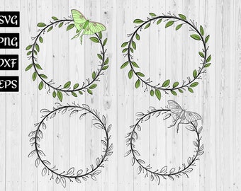 Wreath with Leaves SVG | Cut Files for Cricut Silhouette | Monogram Circle Wreath with Leaves and Luna Moth SVG PNG Butterfly clipart