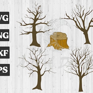 May include: Four bare tree silhouettes with brown trunks and branches, and a brown tree stump with a light brown top. The trees are set against a white woodgrain background.