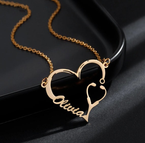 Stethoscope Necklace Gold Heart Name Necklace Personalized - Etsy
