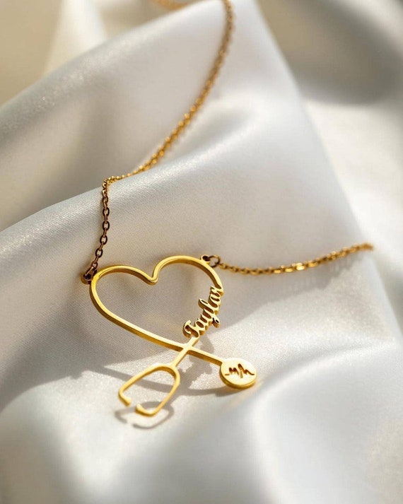 Custom Name Stethoscope Necklace Heart 