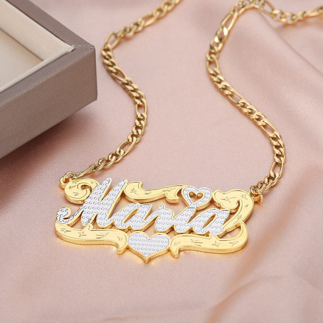 Custom Double Plated Name Necklace, 18k Two Tone Name Necklace, Necklace With Heart, Nameplate