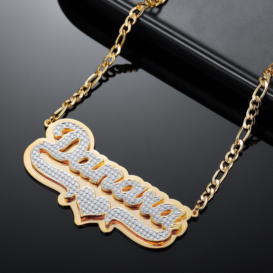 Customized Double Plate Two Tone Heart Name Necklace Gold, Personalized Double Name Plate