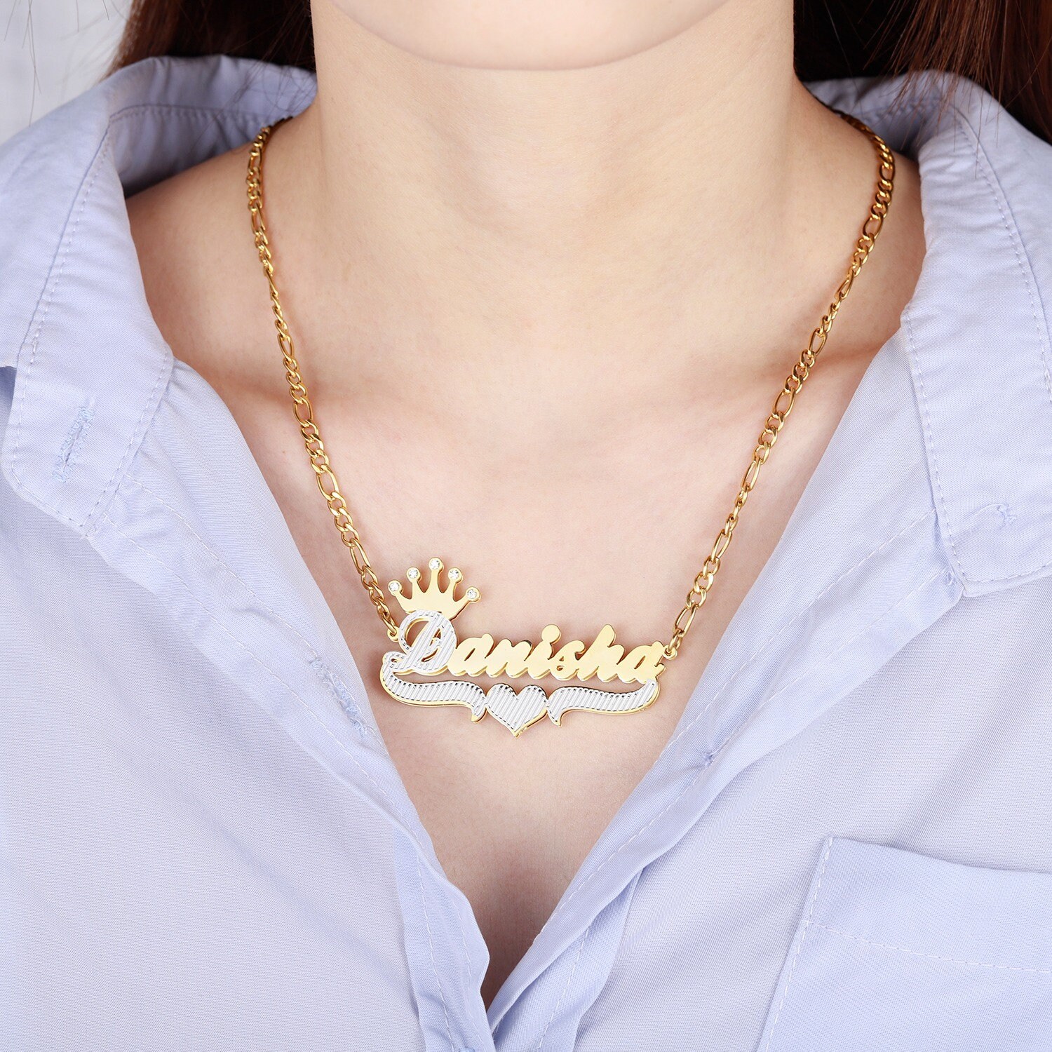 Customized Double Plate Two Tone Crown Name Necklace Gold