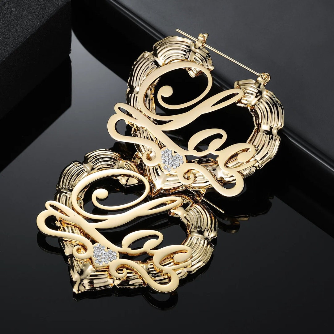 Fashion Trend Custom Name Bamboo Hoop Earrings Personality Heart Shaped Gold Plated Hoop Bamboo Earrings