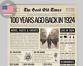 Affiche de journal du 100e anniversaire | Cadeau imprimable de 1924 (téléchargement numérique)