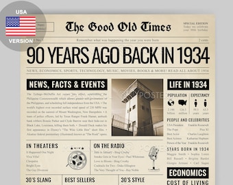 Panneau de journal du 90e anniversaire de 1934 | Cadeau du 90e anniversaire pour homme ou femme | Que s'est-il passé en 1934 | Il y a 90 ans en 1934 Poster