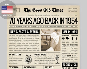 1954 70th Birthday Newspaper Sign | 70th Birthday Gift for Men or Women | What Happened in 1954 | 70 Years Ago Back in 1954 Poster