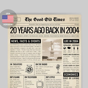 Placa de jornal do 20º aniversário de 2003 | Presente de 20º aniversário | O que aconteceu em 2004 | 20 anos atrás em 2004 pôster | Destaques de 2004