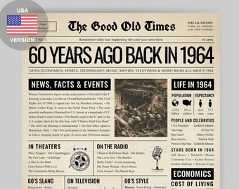 May include: A vintage newspaper-style poster celebrating 60 years. The poster features a headline "60 Years Ago Back in 1964" and includes sections on news, facts, and events, life in 1964, in theaters, on the radio, on television, 60's slang, sports highlights, science and technology, and economics. The poster is a great way to remember the year 1964.