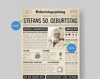 50. Geburtstagszeitung | 1974 Geburtstagszeitung | Poster Geschenk für 40. Geburtstag Party Dekoration I Jahrgang 1974 I 50. Geburtstag Deko