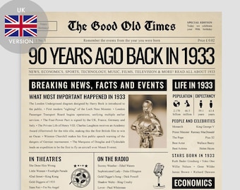 1933 90th Birthday Gift UK Newspaper Sign | 90th Birthday Gift | 90 Years Ago Back in 1933 Poster | 1933 British Facts | 1933 in UK