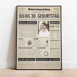 May include: A framed newspaper-style print celebrating Julia's 30th birthday, dated May 13, 1994, in Munich, Germany. The design features headlines, a photo, and sections on news, cinema, radio, sports, and famous people.