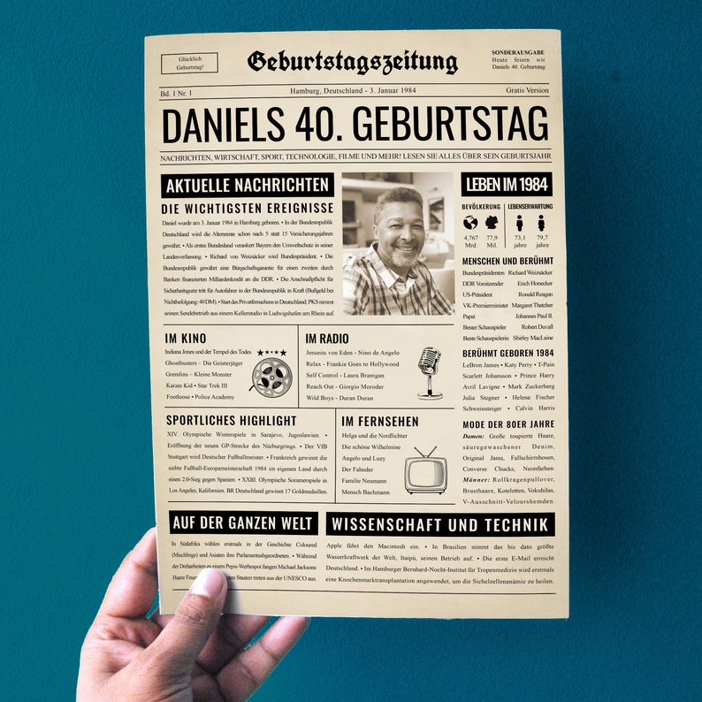 Peut inclure: Une carte d'anniversaire de style journal vintage avec une photo en noir et blanc d'un homme. Le titre principal est "Daniels 40. Geburtstag" et le sous-titre est "Nachrichten, Wirtschaft, Sport, Technologie, Filme und mehr lesen Sie alles &uuml;ber sein Geburtsjahr".