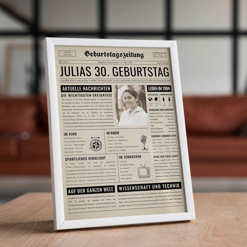 May include: A framed print designed to look like a vintage newspaper, with the headline "JULIAS 30. GEBURTSTAG." The print features a photo of a woman and various sections with text, including "Aktuelle Nachrichten" and "Leben im 1994."
