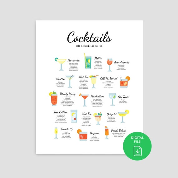 Cocktail Recipe Poster Cocktails Print Cocktail Wall Art Etsy