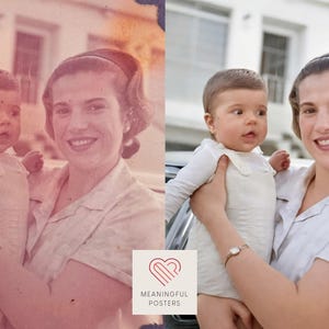 May include: A vintage photograph shows a woman holding a baby. Both are smiling. The woman wears a light-colored collared shirt and a headband. The baby is in a white outfit. The photo has a warm, nostalgic tone.