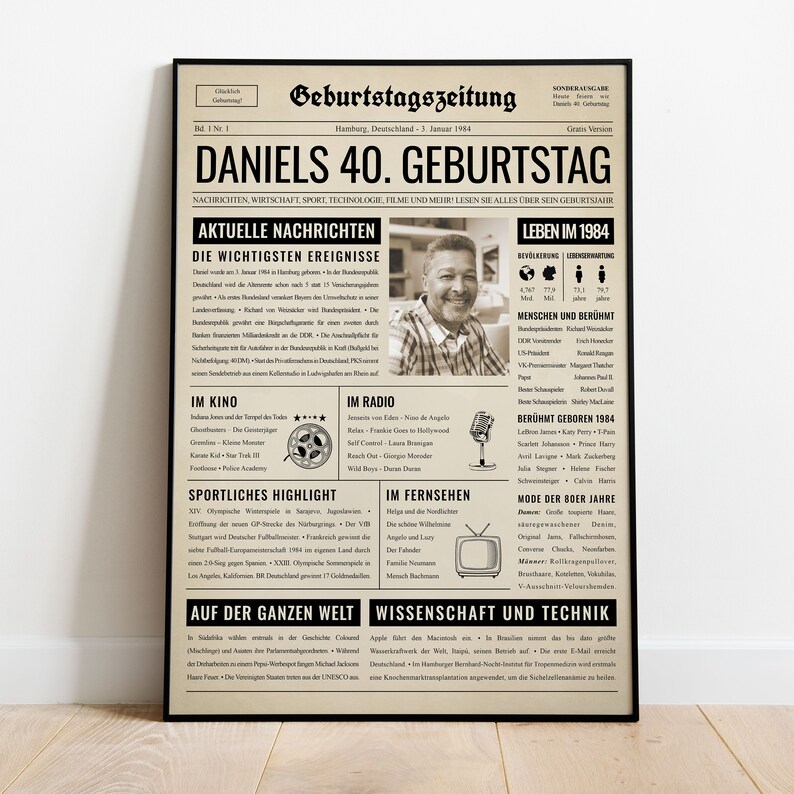 Peut inclure: Une affiche de style journal vintage c&eacute;l&eacute;brant un 40e anniversaire avec le nom "Daniels" en grandes lettres audacieuses. L'affiche pr&eacute;sente une photo en noir et blanc d'un homme, une bobine de film, un microphone et un t&eacute;l&eacute;viseur. L'affiche comprend des titres tels que "La vie en 1984", "&Eacute;v&eacute;nements importants", "Faits saillants sportifs", "Dans le monde entier" et "Science et technologie".