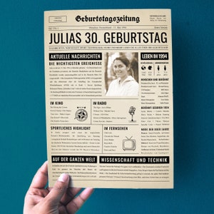 May include: A vintage-style newspaper print titled "Julias 30. Geburtstag" in German, featuring articles, a photo, and sections on news, sports, and entertainment from 1994. The paper is held by a hand against a blue background.