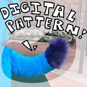May include: A blue and purple faux fur tail with a long, fluffy texture. The tail is curled up and appears to be a costume accessory.