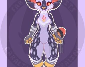 May include: Illustration of a stylized anthropomorphic creature with large ears, a fox-like face, and a fluffy tail. The character has a purple body with dark spots, orange and yellow accents, and is set against a purple background.