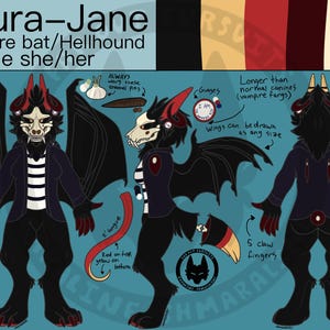 May include: Character design sheet for Laura-Jane, a Vampire bat/Hellhound. The design features a black and white striped shirt, a dark blue jacket, and a skull-like face. The character has black wings, red accents, and a long, red tongue. Text includes "Wings are optional" and "Shirt & Jacket NOT Optional."