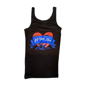 May include: Black tank top with a red heart and blue ribbon that says "Mi Vida Loca".