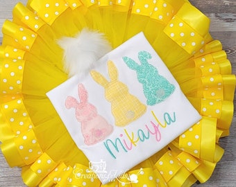 Girls Easter Tutu Outfit: Three Bunnies Silhouette Embroidered Shirt and Yellow Tutu with Bunny Tail
