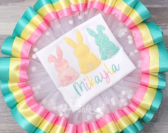 Girls Easter Tutu Outfit: Three Bunnies Silhouette Embroidered Shirt and Ribbon Trim Tutu with Pom Poms