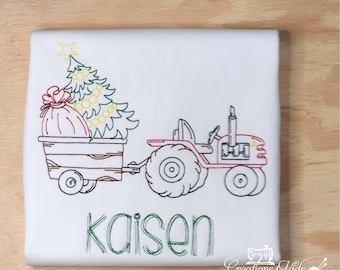 Tractor Christmas Shirt, Christmas Tractor Shirt, Personalized Boys Christmas Tractor Shirt, Christmas Tree and Tractor Embroidered Shirt