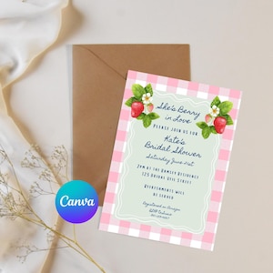 Strawberry Bridal Shower Invitation Template | She’s Berry in Love | Editable Canva Invite | Pink Gingham Printable | Summer Bridal Shower