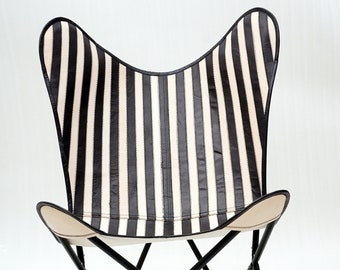 Room Stylish Butterfly Chair Handmade Leather Chair Genuine Goat Leather Black and White Butterfly Chair