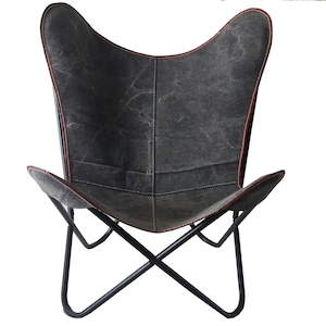 French Black Rose Butterfly Chair - Canvas Leather Mixture Seat With Iron Stand