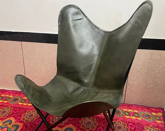 Olive Green Leather Butterfly Chair, Relaxing Arm Chair, For Office And Home Easy to Assembly Leather Cover And Frame