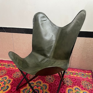 Olive Green Leather Butterfly Chair, Relaxing Arm Chair, For Office And Home Easy to Assembly Leather Cover And Frame