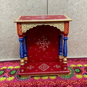 Indian Handmade Red Wooden Temple wooden mandir (Size LWH : 33 X 15 X 40 cm, Colorful)