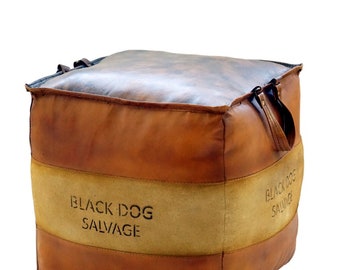 Black Dog Salvage Tan Leather pouf with Printed design, Ottoman ,Footstool Leather Square Poufs Pouffe Pouffes puff - unstuffed Poof